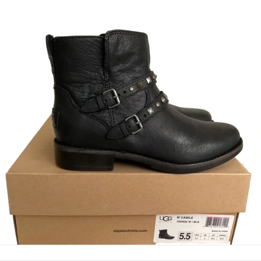 UGG CAMILE ANKLE Moto Biker Black Leather Boots Size 5.5 New - Picture 2 of 14